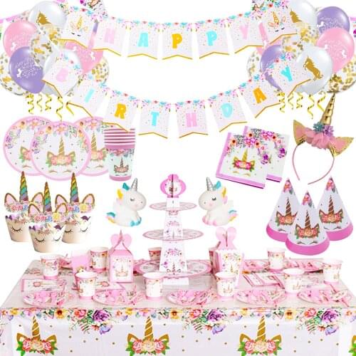Pink Unicorn Decoration Disposable Tableware Girls Kids Birthday Party Decor Unicorn Cake Topper Baby Shower Home Decor Supplies