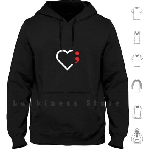 Semicolon ; Heart ( White &amp ; Red ) ( Dark ) Hoodie Long Sleeve Semicolon Symbol Awareness Struggle Depression