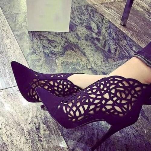 Womens Pumps Hollow Outs Stiletto Heels High Heels Sandals Sexy Pointed Toe Black Suede Gladiator Sandalias Boots Shoes Woman
