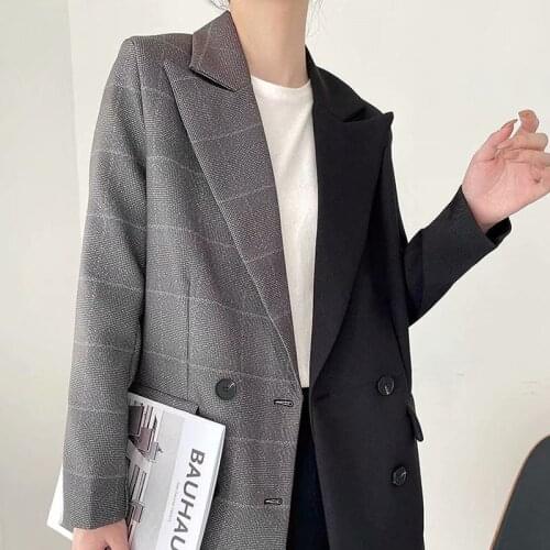 Spring Autumn 2021 Mid-length Double-breasted Plaid Patchwork Blazers Women Casual Loose Long Sleeves Suit Jacket Vetement Femme