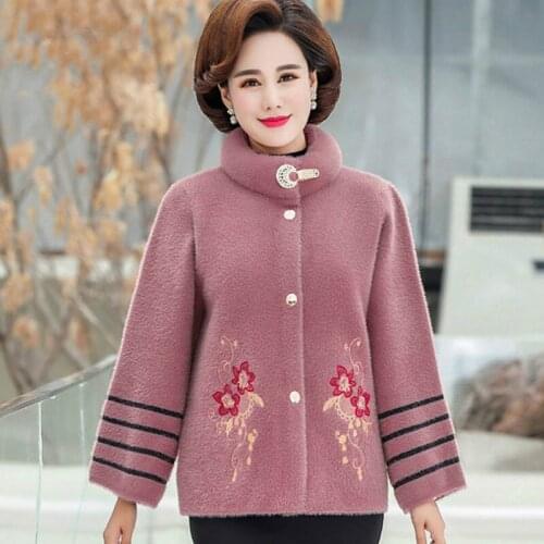 Women 2021 Autumn Winter Imitation Cashmere Coat Female Casual Mid-aged Short Knit Cardigan Lady Warm Loose Plus Size Outwear C6