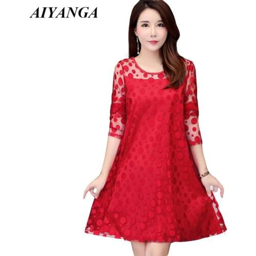 Plus Size Women Dress 2019 Spring Mesh Dresses Female Wave point Red Black Loose Casual A-Line Dress M L XL 2XL 3XL 4XL 5XL