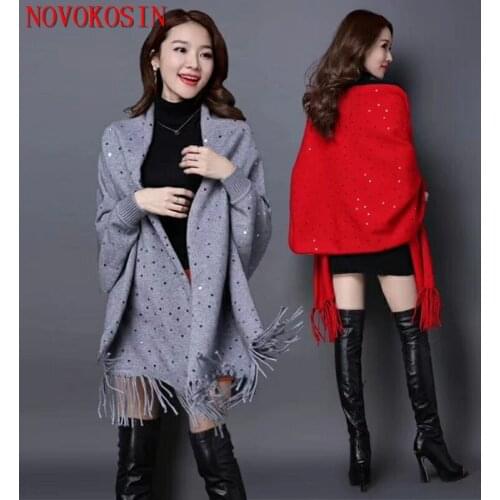 SC349 2019 Hot Selling Oversize Shinny Crystal Scarf Winter Knitted Poncho Women Solid Color Designer Female Long Sleeves Wrap