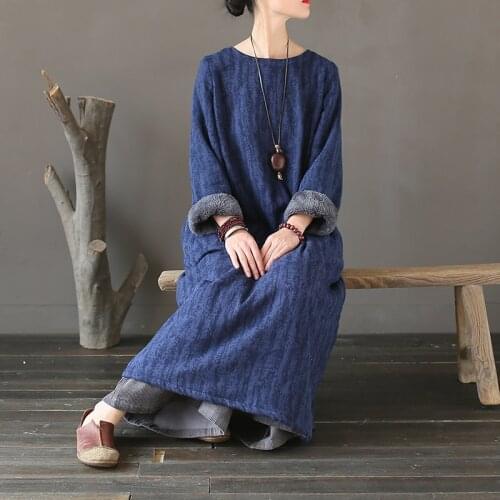 Women Winter Thick Fleece Warm Dress Loose Retro Vintage Jacquard Round Neck Solid Color Loose Dress Ladies Female Robe Dress