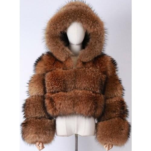 Winer Warm Women Hooded Natrual Raccoon Fur Jacket Short
