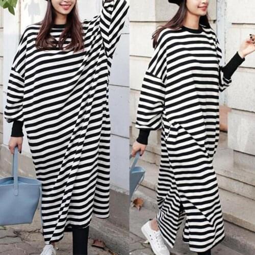 1pc Fashion Women Dress Casual Stripe Loose Slits Round Neck Long Sleeve Pullover Shirt Maxi Dress Long Section Womens Dress