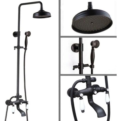 Black Oil Rubbed Bronze Wall Mounted Dual Ceramics Handles Bathroom Rain Shower Faucet Set Tub Tap + Handheld Shower ahg141