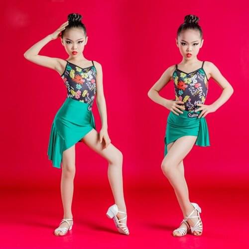 Childrens Latin Dance Costumes 2021 Female Summer New Fashion Flower Print Childrens Satin Tight Dress Costume Suit