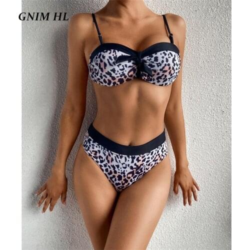 GNIM Sexy Leopard Print Swimwear Women Push Up Bandage Bikini Set 2021 Summer New High Waist Halter Swimsuit 2 Piece Bather Suit