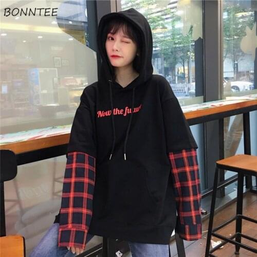 Hoodies Women Patchwork Plaid Retro Hooded Students Trendy Letter Loose Hoodies Harajuku Retro Coat Womens High Quality Leisure
