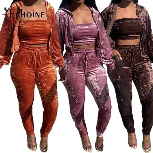 Echoine Women Velvet sports Three 3 Piece Sets winter Long Sleeve Hooded wrapped Tops Skinny Pants Sexy Jogging Matching Outfits