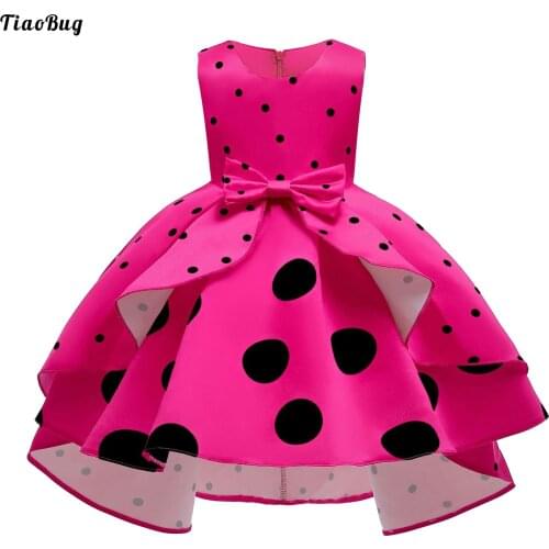 TiaoBug Summer Kids Girls Polka Dot Dress Round Neck Sleeveless Semi-Fixed High-Low Hem Bowknot Party Wedding Birthday Costume