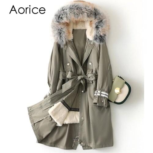 Aorice Women Real Fox Fur Collar Coat Jacket Female Rex Rabbit Liner Long Parka Trench A41630
