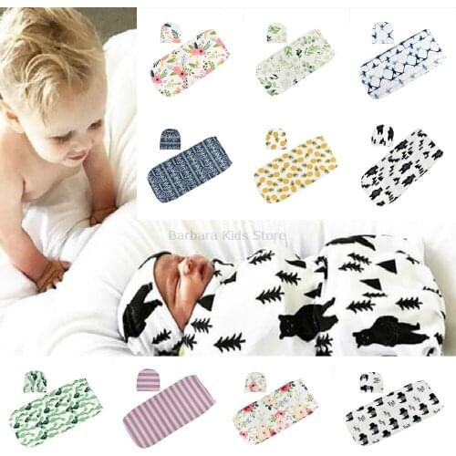 Unisex Newborn Swaddle Wrap+Hat Cotton Baby Receiving Blanket Bedding Cartoon Cute Sleeping Bag Infant Sleep Sack for 0-3 Months