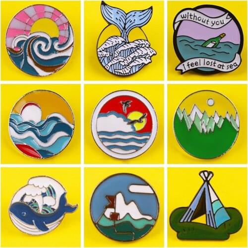 Go Travel! Outdoor Surf Mountains Forest White Clouds Round Badges On Backpack Fashion Pin Cartoon DIY Metal Badges for Clothes