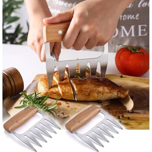 Camping Cooked Meat Divider Meat Shredder Wooden Handle Stainless Steel Bear Claw Meat Splitter Camping Tool