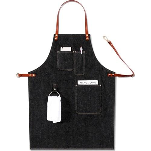 Baker Multi Pocket Adjustable Chef Barista Leather Strap Removable Denim Work Bartender Casual BBQ Uniform Bib Apron