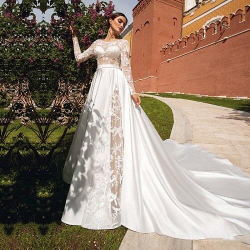 Sexy Lace Long Sleeves Satin Wedding Dress Garden For Wedding Bridal Gowns Spring Custom Robe De Mariee Wedding Wear