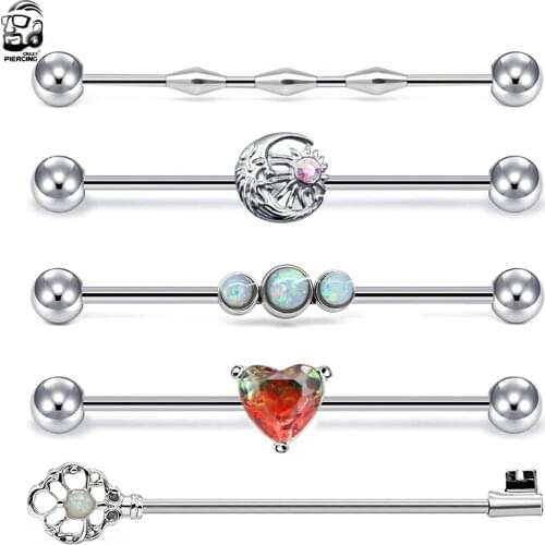 New Opal Steel Industrial Piercing Barbell CZ Heart Sun Cartilage Earrings Long Straight Screw Helix Ear Body Jewelry for Women