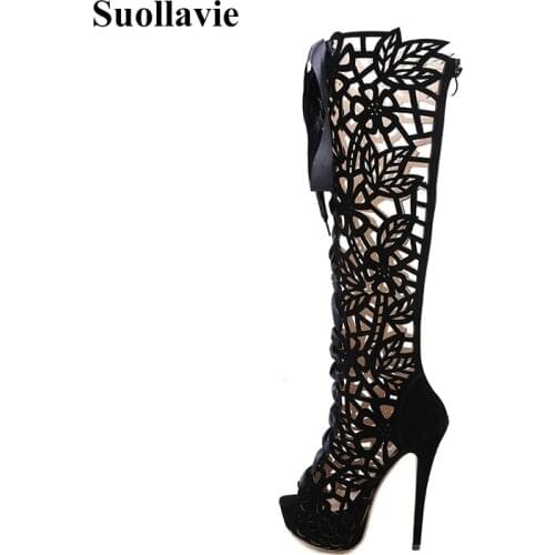 Suollavie 2021 new comfort hollow out boots over-the-knee women boots riband female sandals style thin heel shoes for women