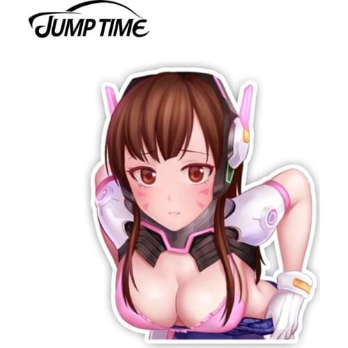 Jump Time 13cmx10.6cm D.Va Peeker BIG HEAD Overwatch Anime Decal Vinyl Bumper Sticker Car Truck Window Cute Stickers Car Covers