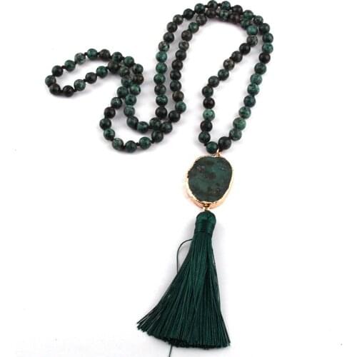 Fashion Bohemian Jewelry 8mm Africa Stone Knotted Stone Link Tassel NecklaceFor Women Jewelry