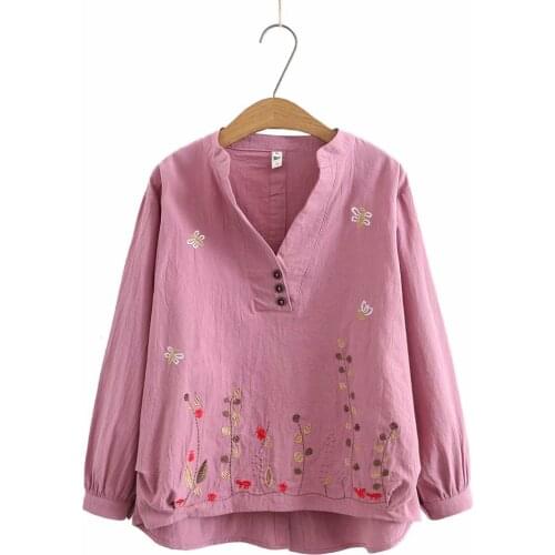 Womens oversize shirt V-Neck Long sleeve embroidery cotton tops women 2021 spring autumn Casual pink navy yellow loose Blouses