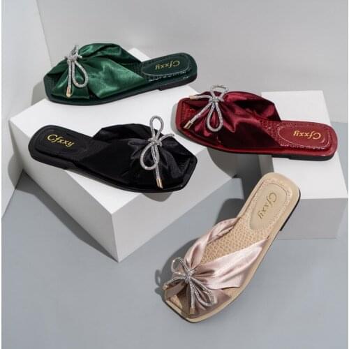 Stone pattern womens flat-bottom slippers, fashion bow tie, casual flat-heeled sandals for women