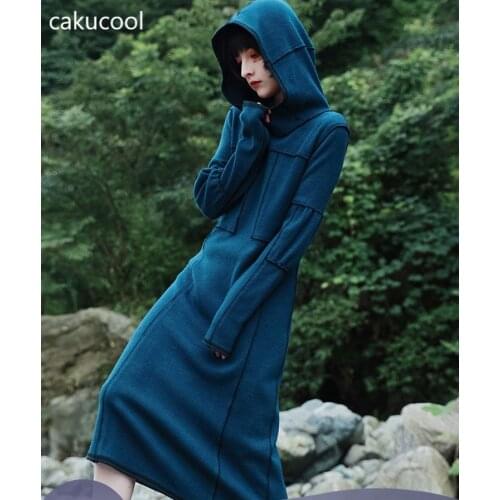 Cakucool 2020 fashion womens contrast color hooded sweater dress dress party knitted temperament slim mid-length skirt holiday