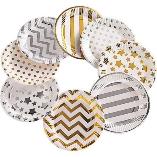 10Pcs Disposable Tableware Paper Plate Decor Gold Silver Polka Dot Star Wave Birthday Party Supplies Anniversary Baby Shower