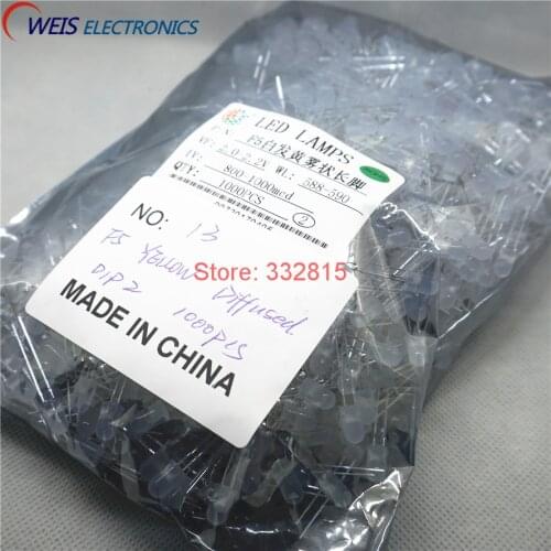 1000PCS F5 YELLOW DIFFUSED LED DIP-2 LONG PIN 5MM 588-590NM 800-1000MCD 2.0-2.2V Free shipping