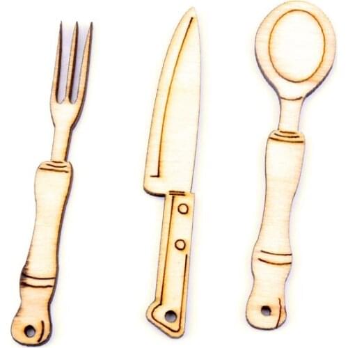 Wooden Knife and Fork Combination Scrapbooking Painting Collection Craft Handmade Accessory Home Decoration 70mm 6pcs