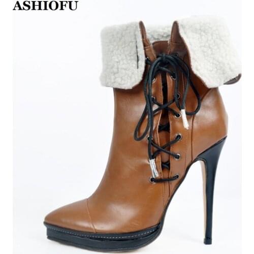 ASHIOFU Real Photos Handmade High Heel Boots Turn-over Cross-straps Party Prom Winter Ankle Boots Warm Short-plush Fashion Boots