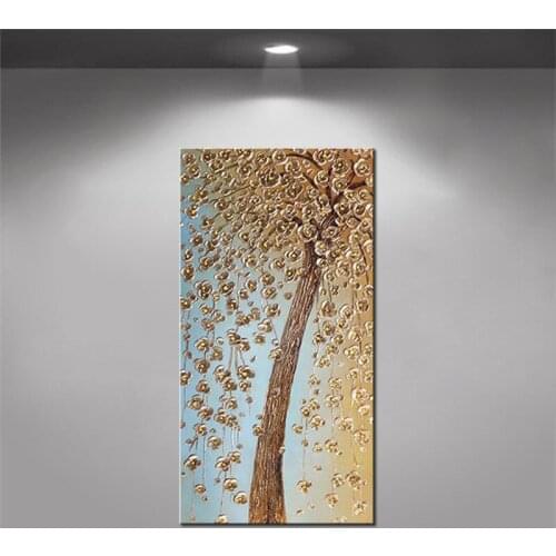 Handmade Canvas Oil Painting for Home Decoration Wall Hanging Golden Cherry Blossom Tree Modern Flower Unframed Art Picture