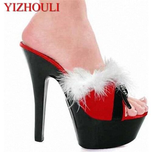 15cm Red lovely open-toed Slippers. Pure white rabbit hair slippers. Nightclubs shoes high with interest womens Dance Shoes