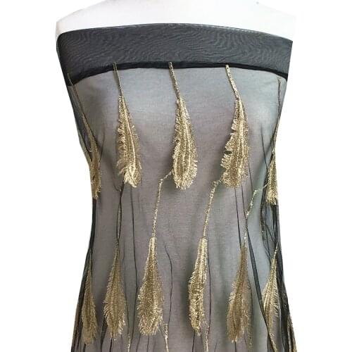 1Yard 130cm Gold Feather Embroidered Lace Fabric For Dress Leaf Embroidery French Lace Guipure Tulle Tecido De Renda AF0097