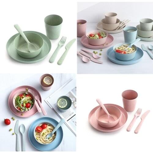 6PCS Wheat Straw Tableware Set Chirldren Adult Spoon Fruit Fork Cup Salad Soup Bowl Plate Dishware Kitchen Reusable Household