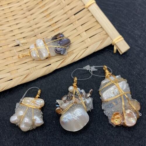 Natural Crystal Inlaid Pearl Pendant Copper Wire Wrapped Irregular Shape DIY Lady Charm Quartz Rough Stone Necklace Pendant