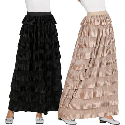 New Velvet Layered Long Skirt Women Fashion Tiered Maxi Skirts Muslim Bottoms Abaya Islamic A Line Skirts Faldas Mujer Moda Jupe