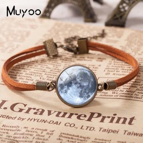 2021 New Blue Full Moon Leather Bracelet Art Printed Glass Dome Photo Bracelets Handmade Jewelry For Women