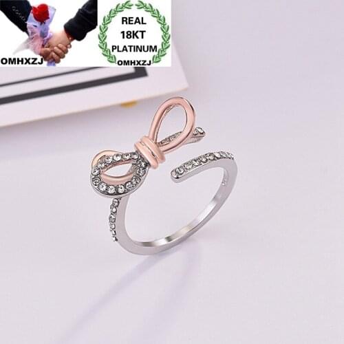 OMHXZJ Wholesale European Fashion Woman Girl Party Birthday Wedding Gift Bowknot AAA Zircon Open 18KT White Rose Gold Ring RR984