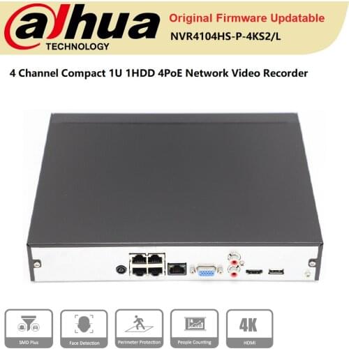 Original Dahua NVR NVR4104HS-P-4KS2/L 4Channel Compact 1U 1HDD 4PoE Lite 4K H.265 AI by Camera Support IPC UPnP