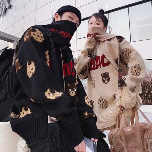 Autumn and winter tide loose wild letter bear jacquard casual round neck street sweater couple knit top to send scarf