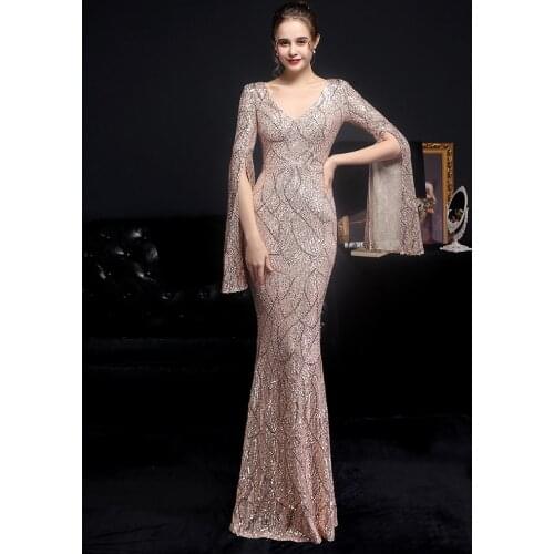 Partysix dress 2021 Women Sexy V Neck Long Sleeve Sequin Dresses Female Elegant Multi Autumn Winter Maxi Dress Robes