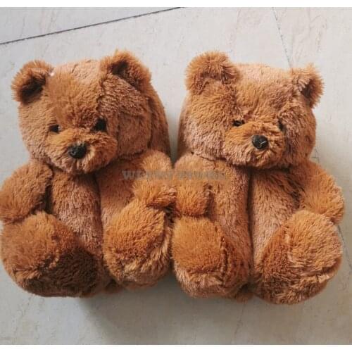 Teddy Bear women christmas plush slippers Cartoon Cute Bear House Slipper Furry Faux Fur Slides Woman Furry Flip Flop Shoes