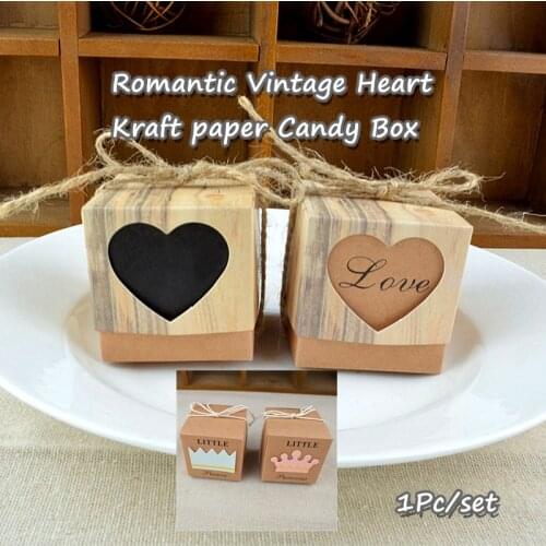 Romantic Vintage Heart Kraft paper Candy Box With Burlap Twine Wedding Favors and Gifts Bag Party wedding Supplies 1Pc/set