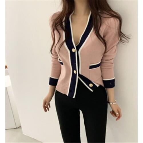 RUGOD 2020 Hot Winter Arrivals Patchwork Knitted Cardigans for Ladies V-neck Female Outwear Elegant Vintage Chic Womens Outfit