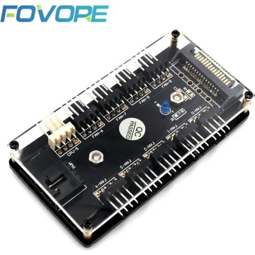 PWM Fan Hub CPU Cooling 10 Way 12V LED 3 / 4Pin Fan Splitter Cable Fan Controller PC with PMMA Case Magnetic Standoff SATA Power