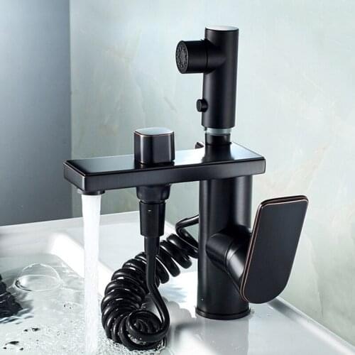 Bathroom Sink Faucet Pull Out Basin Faucets Black Brass Single Handle Hole Basin Tap Grifo Lavabo Wash Hot and Cold Kitchen Taps