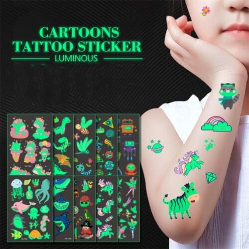 Luminous Tattoo Sticker Children Arm Face Glowing Tattoo Children Body Art Tattoo Dinosaur Pirate Unicorn Mermaid Tattoo Cartoon